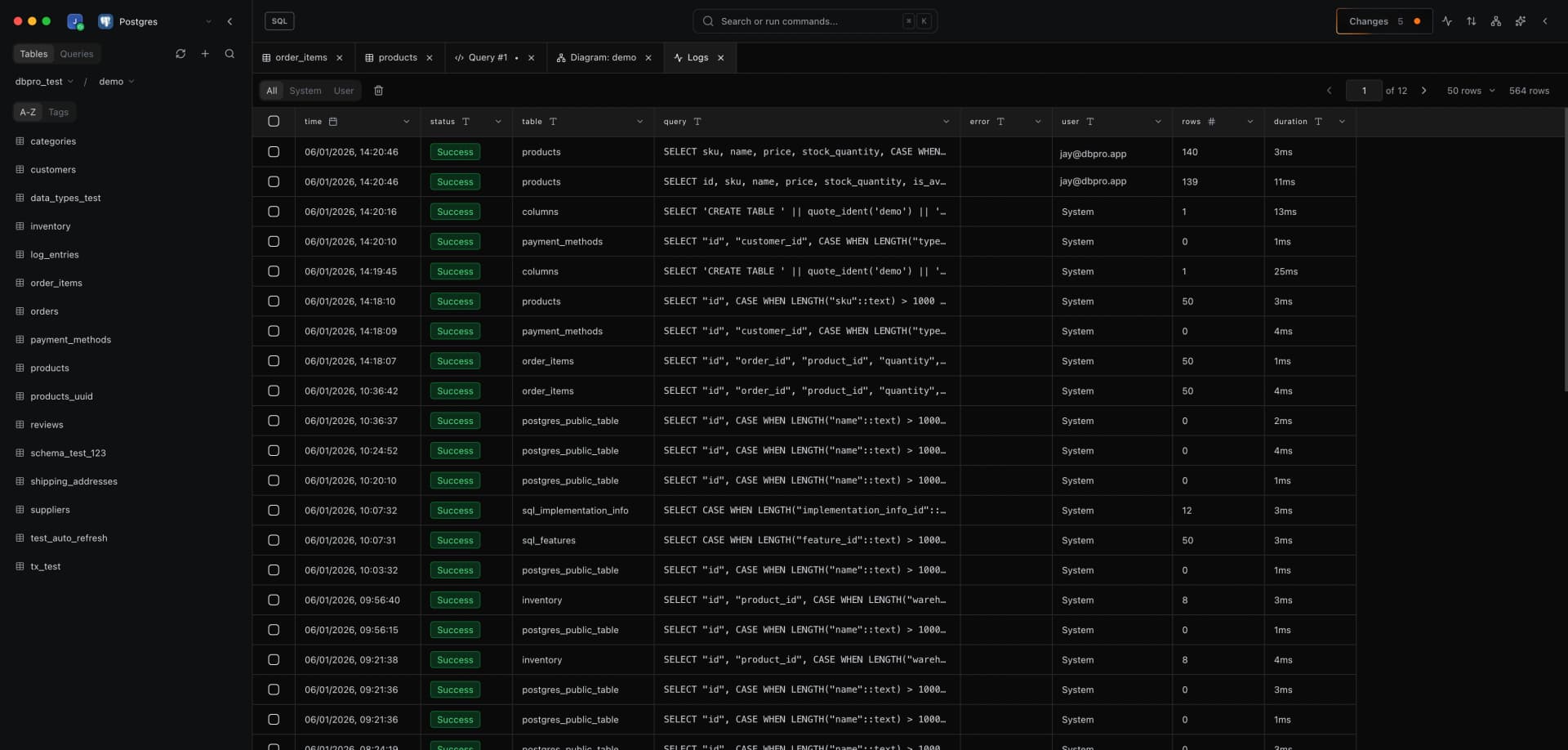 DB Pro Query History Interface